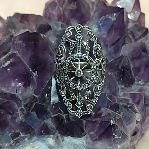 Sterling Silver Marcasite Filigree Ring - Picture 2 of 10